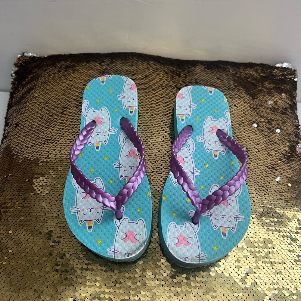 Girl’s Flip Flops Sandals Aqua and Pink Unicorn Size 13